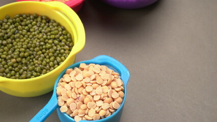 Assorted different types of beans and cereals grains. Set of indispensable sources of protein for a healthy lifestyle. Everyday use at Indian households.