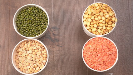 Assorted different types of beans and cereals grains. Set of indispensable sources of protein for a healthy lifestyle. Everyday use at Indian households.