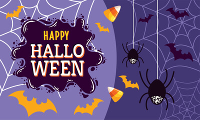 happy halloween lettering with spiders