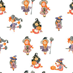 Fototapeta premium Halloween seamless pattern with cute witches, pumpkins, fly agaric, bats in cartoon style. Witches, ghosts, trick or treat, pumpkins Halloween background. Watercolor illustration.