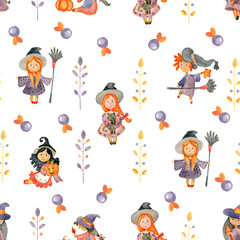Obraz na płótnie Canvas Halloween seamless pattern with cute witches, pumpkins, fly agaric, bats in cartoon style. Witches, ghosts, trick or treat, pumpkins Halloween background. Watercolor illustration.