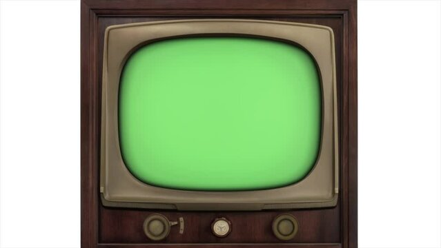 Green screen 3d TV 1965 retro tv build in style fade in & turn on - build out style fade out & turn off , with a closer view of the tv