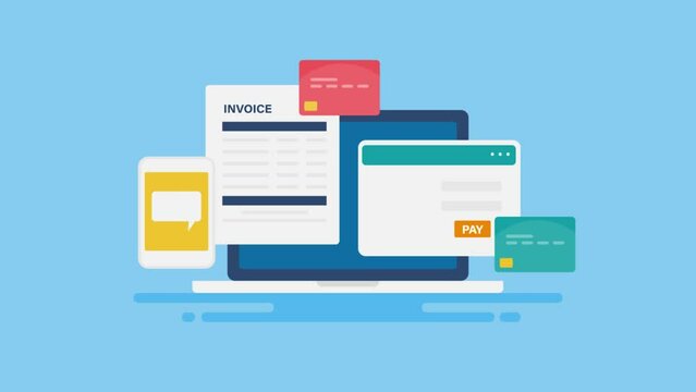 Online banking paying bill digital invoice from laptop with credit card, and mobile notification financial transaction 4k animation.