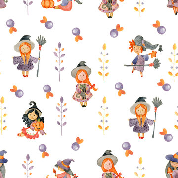 Halloween seamless pattern with cute witches, pumpkins, fly agaric, bats in cartoon style. Witches, ghosts, trick or treat, pumpkins Halloween background. Watercolor illustration.