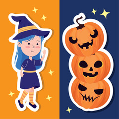 halloween witch with pile pumpkins