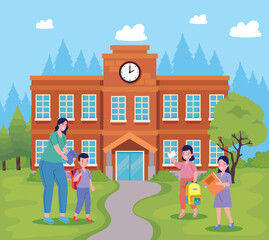 Obraz na płótnie Canvas school building with teacher and kids
