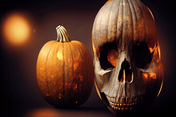 Pumpkins in the shape of skulls, scary, Halloween night mystery. Digital Painting Background, Illustration.