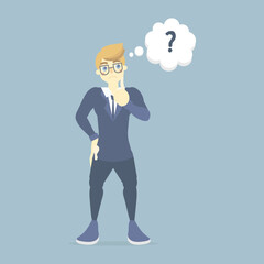 confused businessman in suit standing with question mark, having idea creative inspiration, thinking, dreaming concept, flat vector illustration character cartoon design clip art