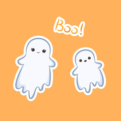 Cute ghosts and hand drawn lettering boo. Holiday design greeting cards, banners, posters and flyers. Vector Illustration