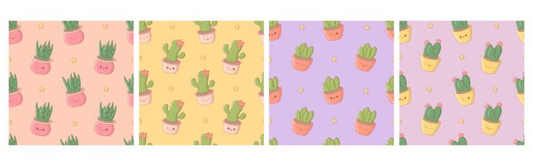 Collection of seamless pattern with kawaii funny cactuses and potted plants. Cute print for phone case, backgrounds, fashion, wrapping paper and textile. Vector Illustration
