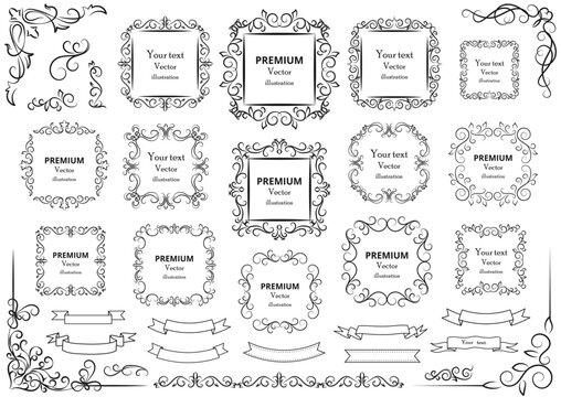 Calligraphic design elements . Decorative swirls or scrolls, vintage frames , flourishes, labels and dividers. Retro vector illustration