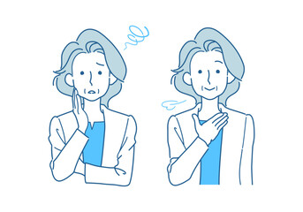 困る・解決のビフォーアフター　イメージイラストセット　スーツのシニア女性