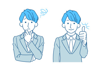 困る・解決のビフォーアフター　イメージイラストセット　若いスーツの男性
