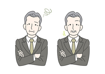 困る・解決のビフォーアフター　イメージイラストセット　スーツのシニア男性