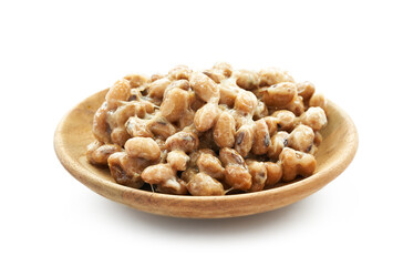 Natto or Fermented Soybean in wood plate isolated on white background. Natto or Fermented Soybean Japanese food isolated                       