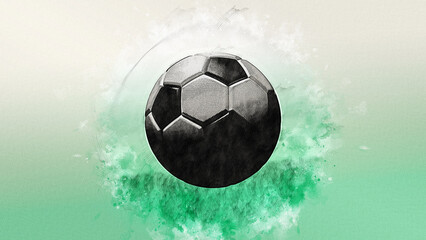 Soccer ball illustration combined pencil sketch and watercolor sketch under green-white background. 3D illustration. 3D CG. High resolution.