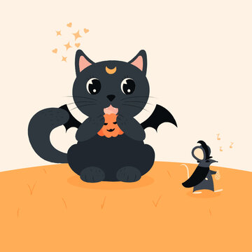 cat eats pumpkin and looks at mouse halloween