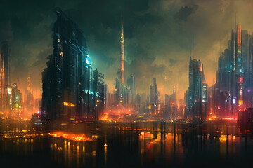 Fototapeta na wymiar Cityscape of asian cyberpunk city at night. Neon, skyscrapers, fantasy cyber city. 3D illustration