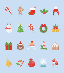 20 elements of Christmas, candy cane with gingerbread man with christmas tree and snowman with christmas wreath combination for greeting card invitation card christmas card