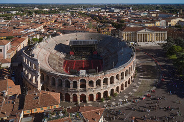 Cityscape of Verona city and Arena di Verona, Italy. Aerial view.