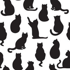 Black cats vector seamless pattern on a white background.  Illustration with silhouette cats. 