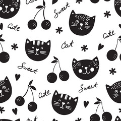 Scandinavian seamless pattern with hand-drawn cats, phrases, hearts and cherries. Vector illustration. 