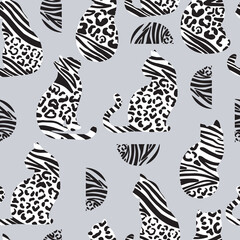 Modern cats with wild animals skin texture. Vector seamless pattern. 