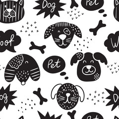 Fototapeta premium Scandinavian seamless pattern with hand-drawn dogs, short phrases, speech bubbles, and bone.