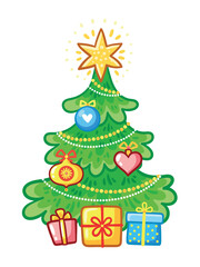 New Year tree with gifts on a white background.