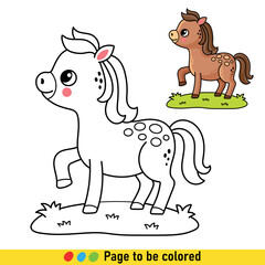 Coloring book with a cartoon-style pony. Black and white illustration with a horse.