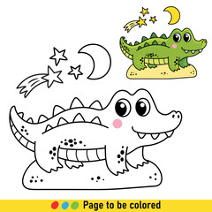 Coloring book with crocodile in cartoon style. Black and white illustration with a reptile.