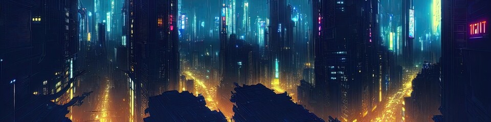 Cityscape of asian cyberpunk city at night. Neon, skyscrapers, fantasy cyber city. 3D illustration - obrazy, fototapety, plakaty