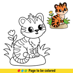 Coloring book with tiger cub in cartoon style. Black and white illustration with an anima.