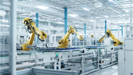 Large Production Line with Industrial Robot Arms at Modern Bright Factory. Solar Panels are being...