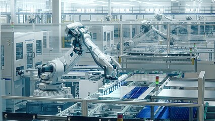 White Industrial Robot Arm at Production Line at Modern Bright Factory. Solar Panels are being...