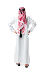Back view of an Arab man standing on white isolated background