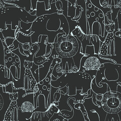 Beautiful vector seamless baby pattern with cute hand drawn safari elephant lion giraffe toucan zebra monkey flamingo rhino parrot snake jaguar animals. Stock illustration.