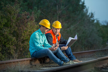 Two young men with documents, walkie-talkies and yellow helmets are sitting on the rails of the railway