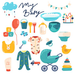 Hand-drawn Baby Goods and Toys Set. Vector Design baby new born