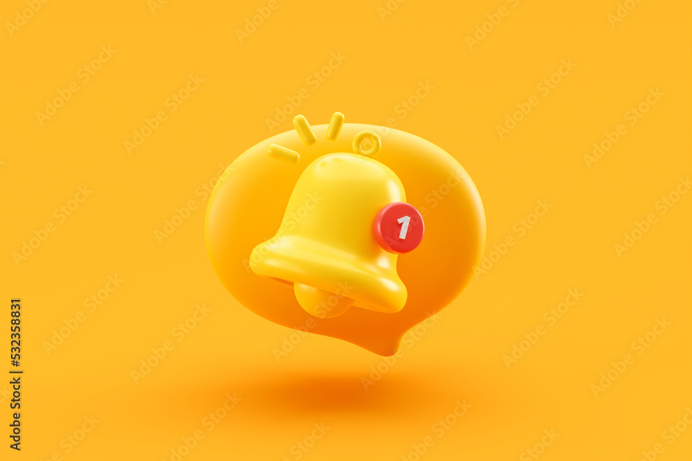Poster reminder bell alarm 3d icon alert on new notification sign background with conversation bubble messa