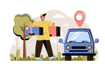 Order delivery concept. Courier carries parcels to car for delivery to client situation. Express shipping people scene. Illustration with flat character design for website and mobile site
