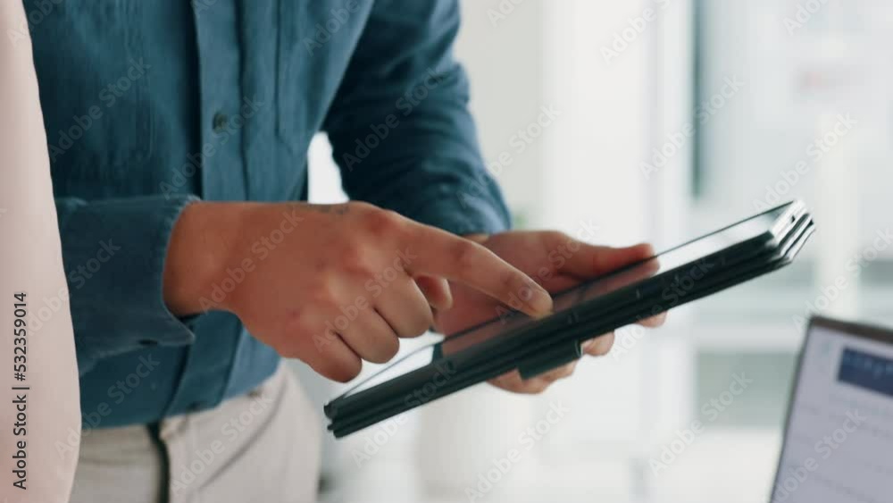 Poster hands, tablet and teamwork with a business man and his colleague working together as a team in their