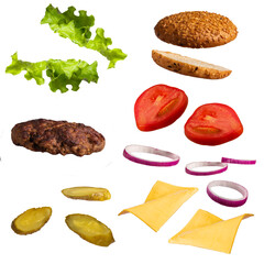 Burger ingredients. Bun, cutlet, tomato, lettuce, cheese and pickled cucumbers.