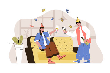Party time concept. Couple in festive cones drinking and having fun situation. Celebrating holiday at home people scene. Illustration with flat character design for website and mobile site