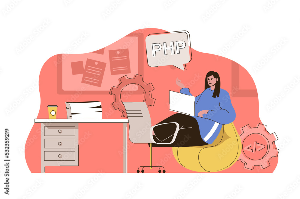 Poster Programming tools concept. Woman works in different programming languages situation. Software development people scene. Illustration with flat character design for website and mobile site