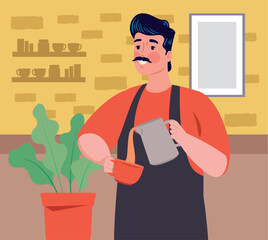coffee shop barista with houseplant