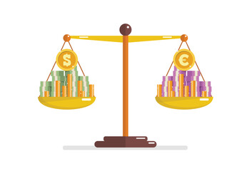 Comparison between dollar and euro currency on balance scale