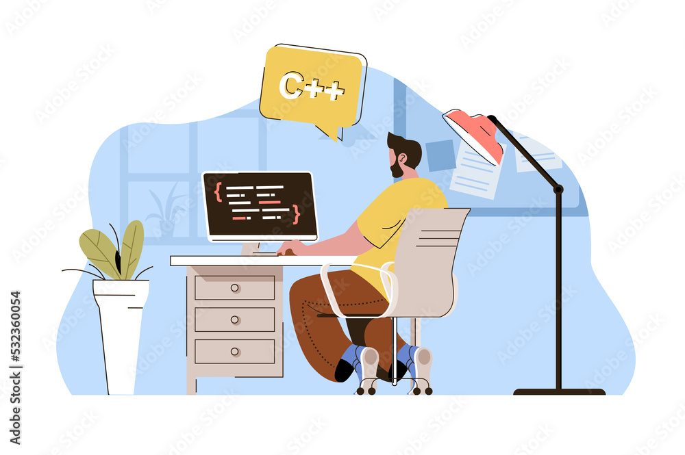 Poster Software engineering concept. Programmer creates apps, works at computer situation. Development of programs people scene. Illustration with flat character design for website and mobile site