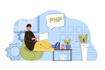 Software development concept. Programmer writes code, develops programs situation. Developer working in office people scene. Illustration with flat character design for website and mobile site