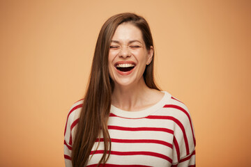 Happy laughing woman facial portrait with eyes closed. Isolated female portrait.